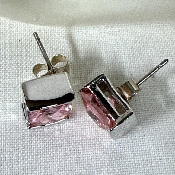 Sterling Silver 925 Pink Princess Cut Crystal Stud Earrings Square Post - Picture 2 of 5